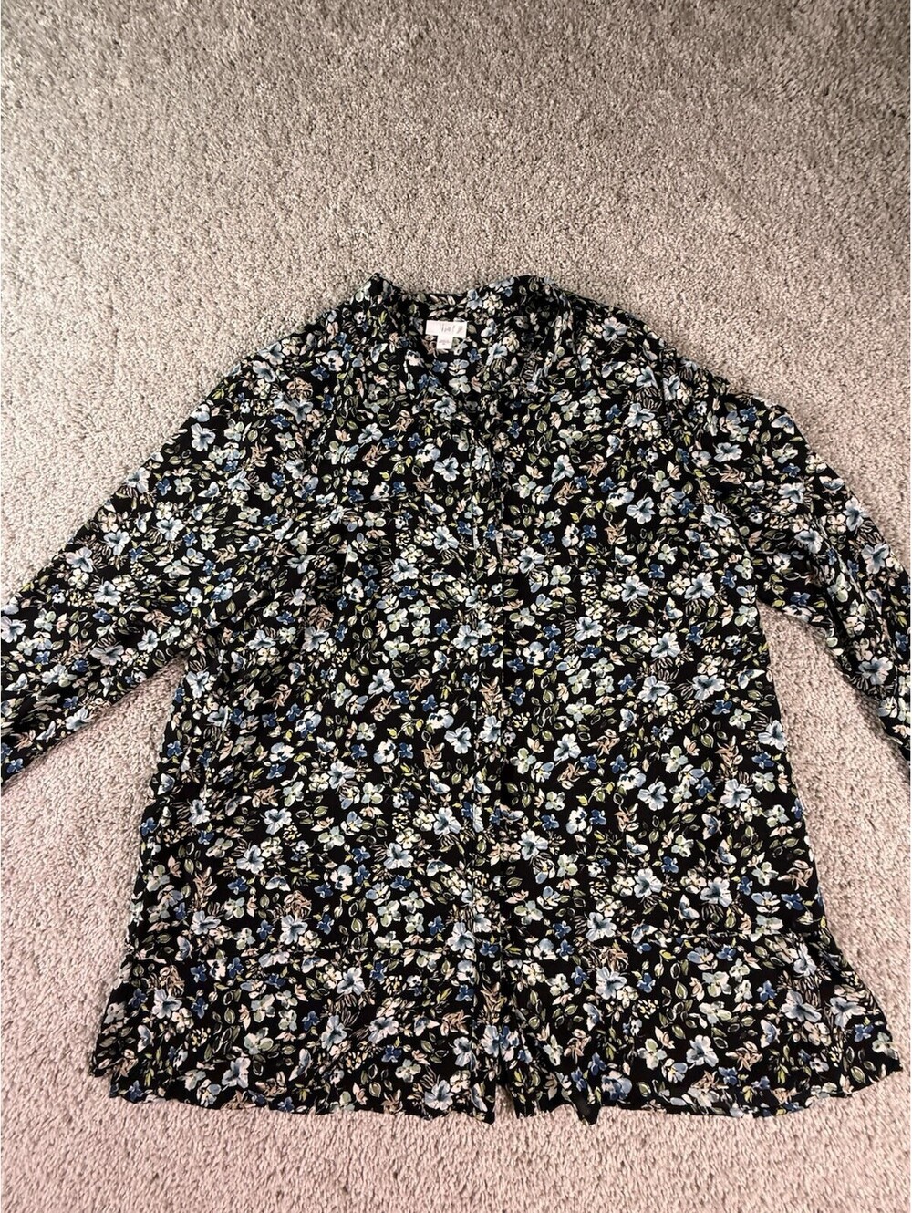 J. Jill Women's Black Blue Floral Blouse Button-Up Top Classy Office Size XL